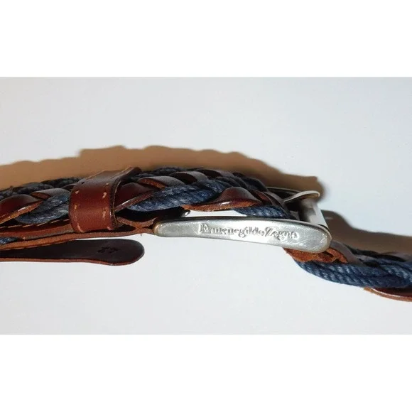 Ermenegildo Zegna Belt 42 Brown Braided Leather Blue Fabric Belt Silver Buckle